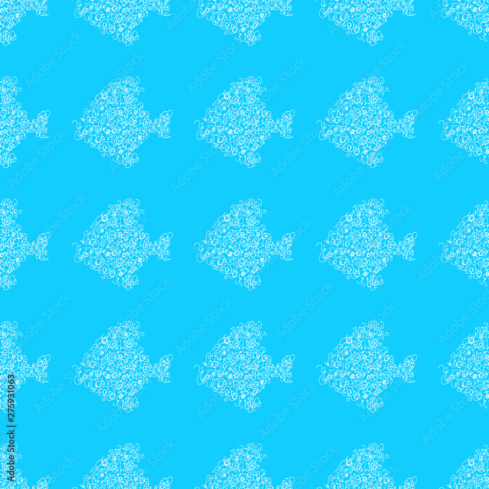 Seamless pattern of abstract sea fish isolated on blue background. Hand drawn seamless illustration. Outline Seamless pattern of abstract sea fish isolated on blue background. Hand drawn seamless illustration. Outline