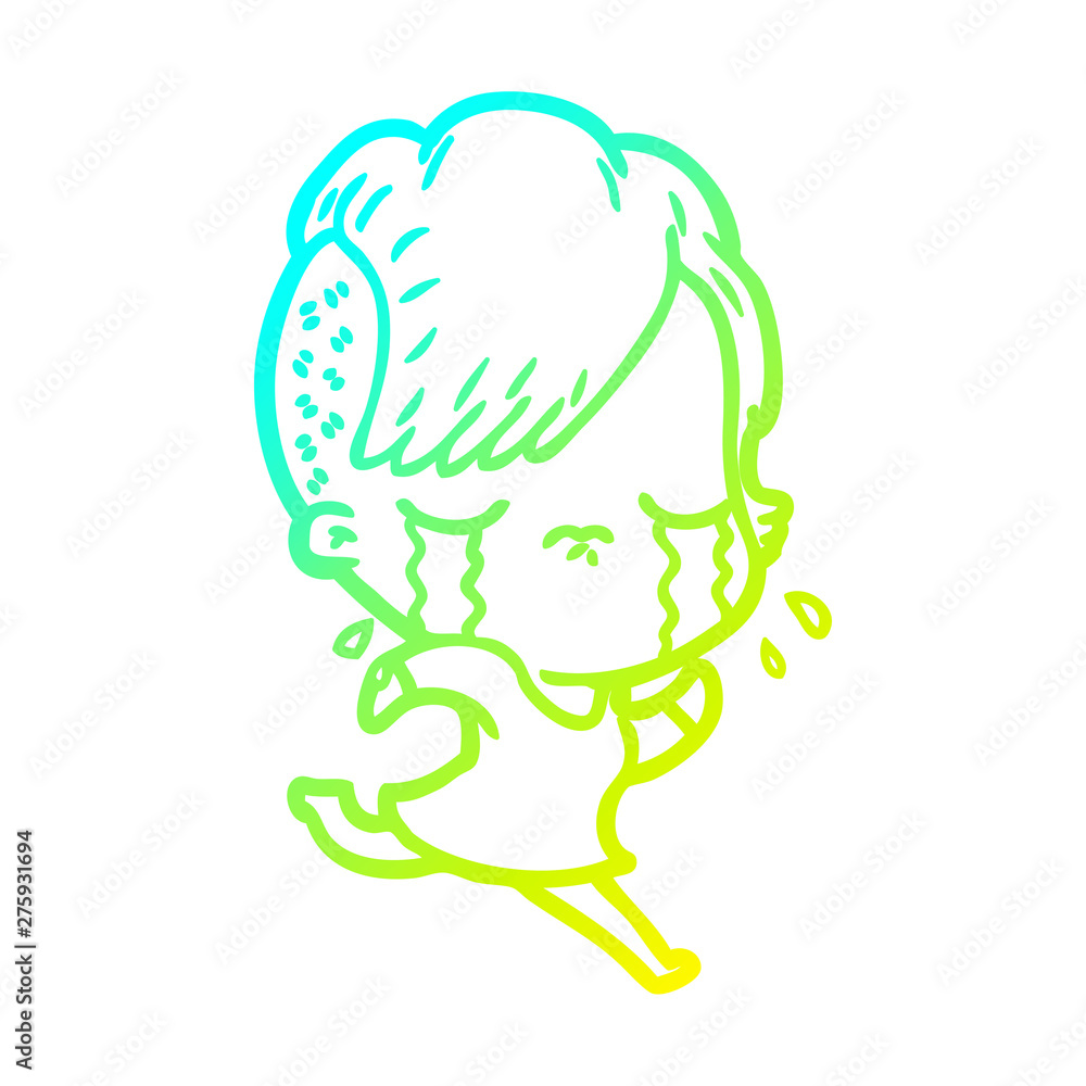 cold gradient line drawing cartoon crying girl running away