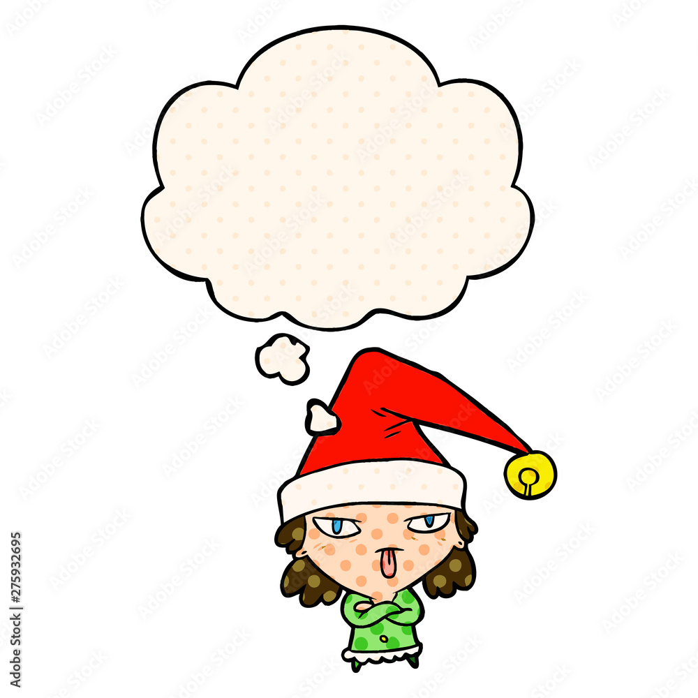 cartoon girl wearing christmas hat and thought bubble in comic book style cartoon girl wearing christmas hat and thought bubble in comic book style