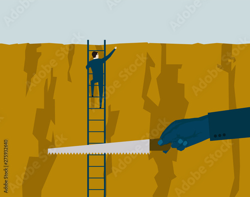 Business people and hands holding a saw, insidious and trap