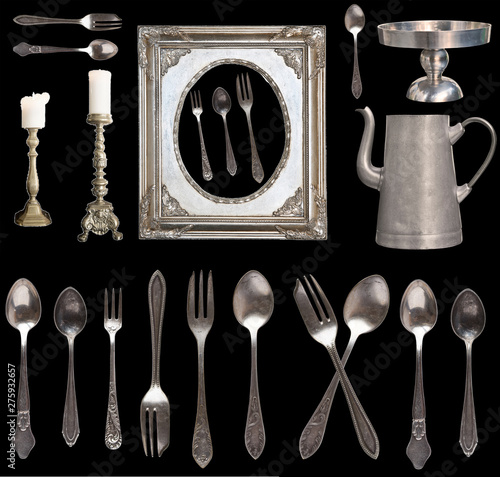 Set of beautiful antique items, picture frames, furniture, silverware. Retro. Vintage. Isolated on black background.