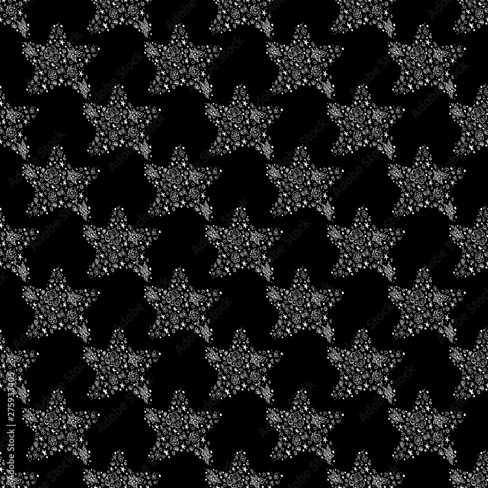 Seamless pattern of abstract starfish isolated on black background. Hand drawn seamless illustration. Outline