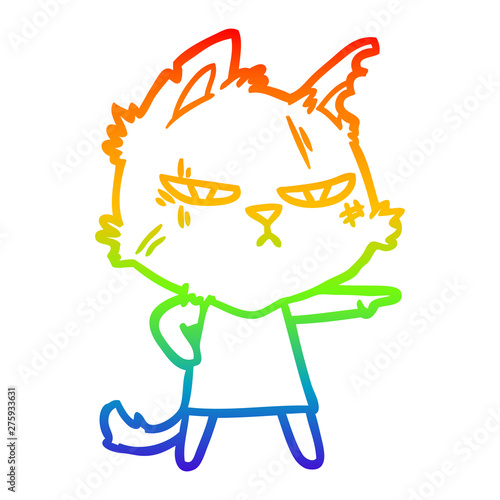 rainbow gradient line drawing tough cartoon cat girl pointing