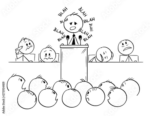 Vector cartoon stick figure drawing conceptual illustration of man or politician speaking or having boring speech on podium or behind lectern and saying blah.