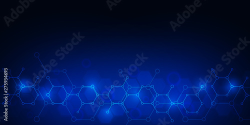 Abstract molecules on dark blue background. Molecular structures or chemical engineering  genetic research  technological innovation. Scientific  technical or medical concept.