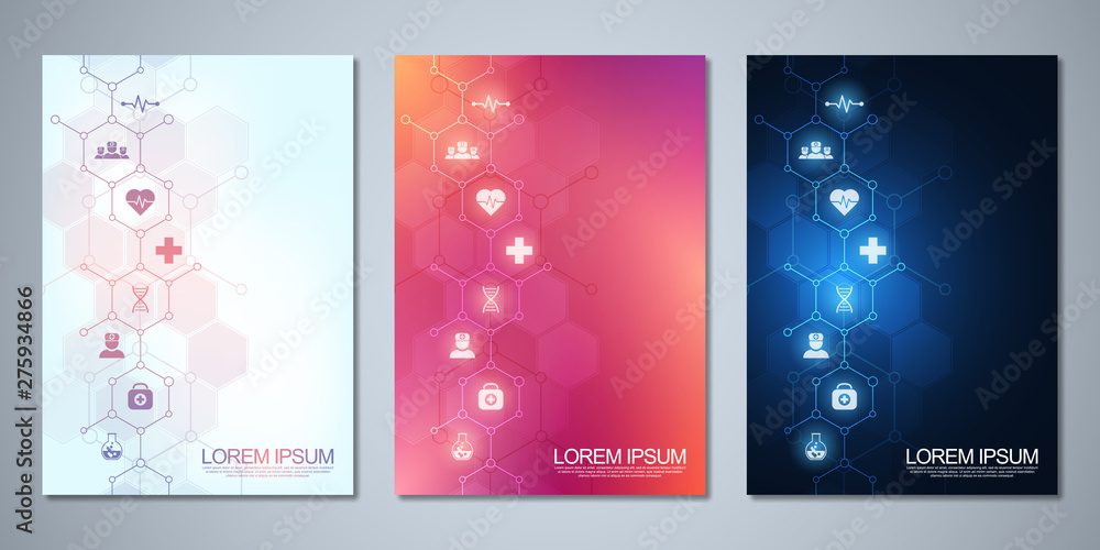 Template brochure or cover design, book, flyer, with medical icons and symbols. Healthcare, science and medicine technology concept. - obrazy, fototapety, plakaty 