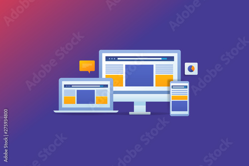Programmatic advertising, cross device targeting, online advertising concept with laptop, desktop, mobile.