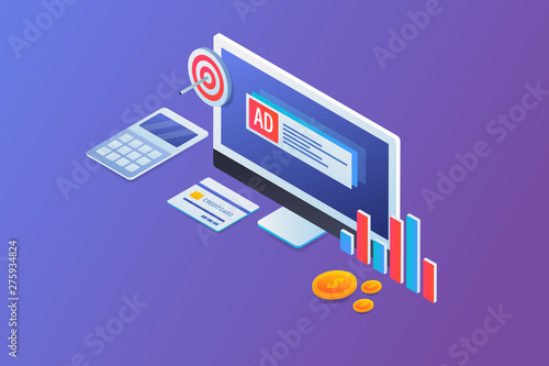 Pay per click advertising, search marketing, paid online advertising, sponsored ads, isometric design concept, web banner.