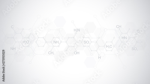 Abstract chemistry pattern on soft grey background with chemical formulas and molecular structures. Template design with concept and idea for science and innovation technology.
