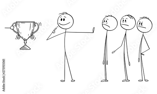Vector cartoon stick figure drawing conceptual illustration of man or businessman claiming merit or contribution or reward trophy instead of the whole team. Business concept of arrogance
