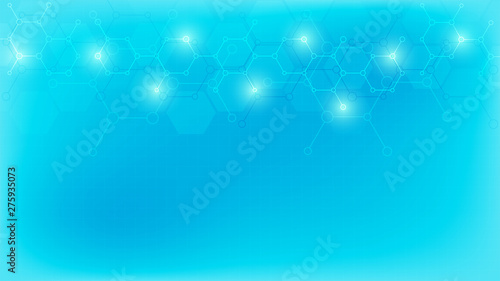 Abstract molecules on soft blue background. Molecular structures or chemical engineering  genetic research  technological innovation. Scientific  technical or medical concept.