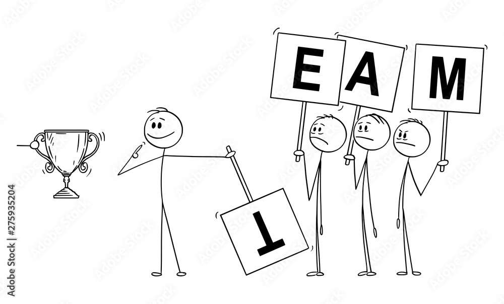 Vector cartoon stick figure drawing conceptual illustration of man or businessman claiming merit or contribution or reward trophy instead of the whole team. Business concept of arrogance Vector cartoon stick figure drawing conceptual illustration of man or businessman claiming merit or contribution or reward trophy instead of the whole team. Business concept of arrogance