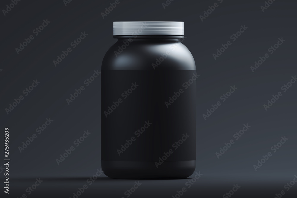 Black plastic bottle with blank label on black background, 3d rendering. Black plastic bottle with blank label on black background, 3d rendering.