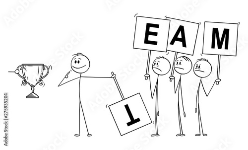 Vector cartoon stick figure drawing conceptual illustration of man or businessman claiming merit or contribution or reward trophy instead of the whole team. Business concept of arrogance