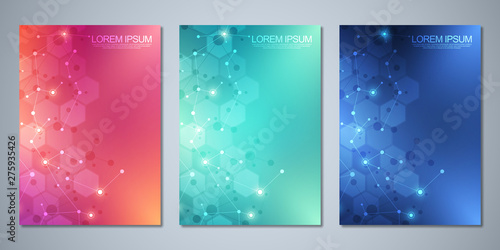Vector template brochures or cover design, book, flyer, with molecules background and neural network. Abstract geometric background of connected lines and dots. Science and technology concept.