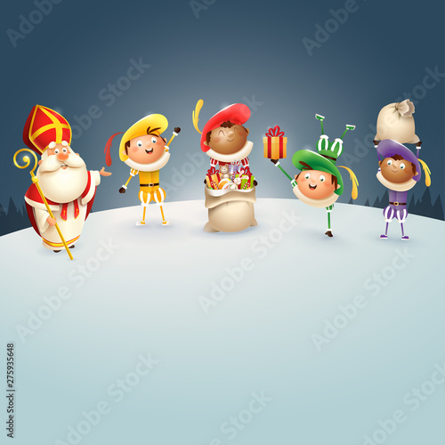 Saint Nicholas and Zwarte Piets celebrate Dutch holidays at winter night - vector illustration