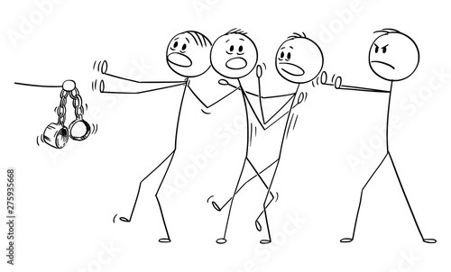 Vector cartoon stick figure drawing conceptual illustration of man or businessman or manager accusing rest of the team from failure responsibility.