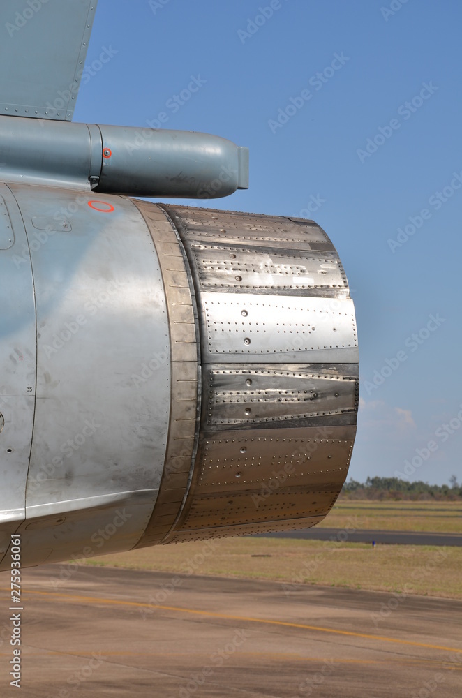 Military jet exhaust. Aircraft exhaust and nozzle detail. External view detailed. Stock Photo
