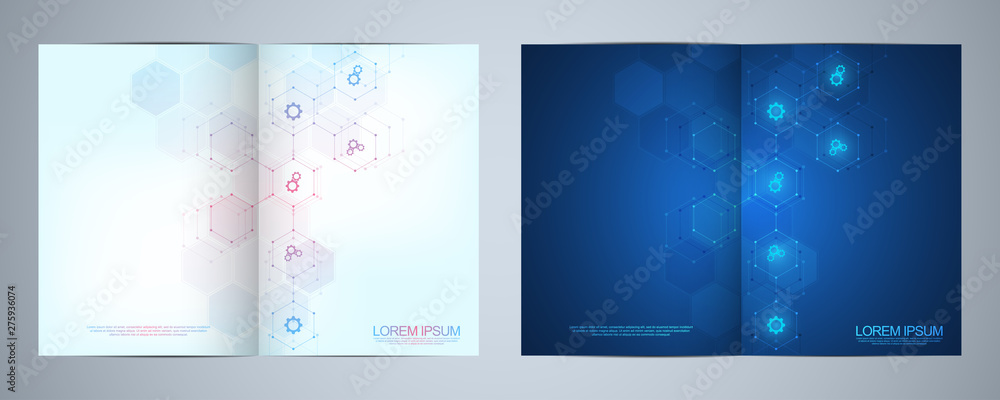 Template brochure or cover design, book, flyer, with technological icons and symbols. Healthcare, science and medicine technology concept.