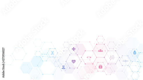Abstract medical background with flat icons and symbols. Template design with concept and idea for healthcare technology, innovation medicine, health, science and research. Vector illustration.