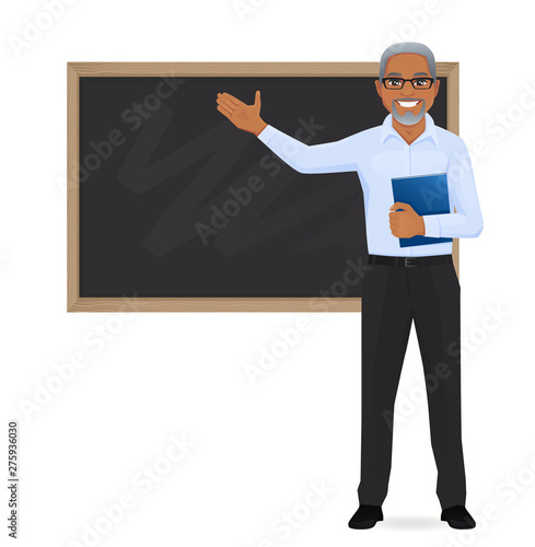 Male mature teacher at blackboard with copy space showing vector illustration