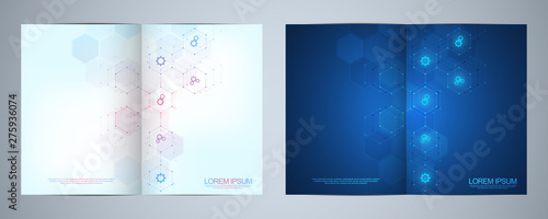 Template brochure or cover design, book, flyer, with technological icons and symbols. Healthcare, science and medicine technology concept.