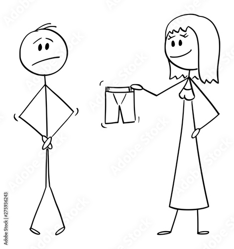 Vector cartoon stick figure drawing conceptual illustration of naked man hiding his genitals or crotch, and smiling woman offering or giving him shorts or boxers to cover or dress yourself.