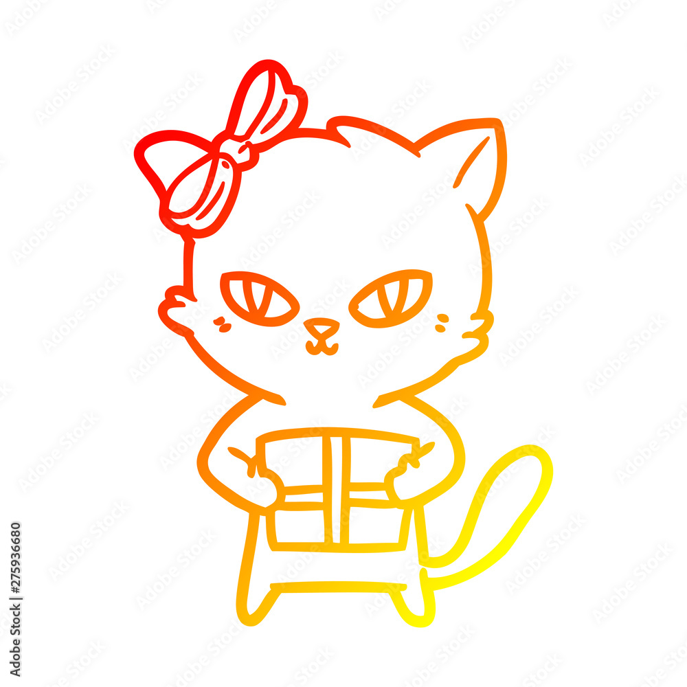Obraz premium warm gradient line drawing cute cartoon cat with present