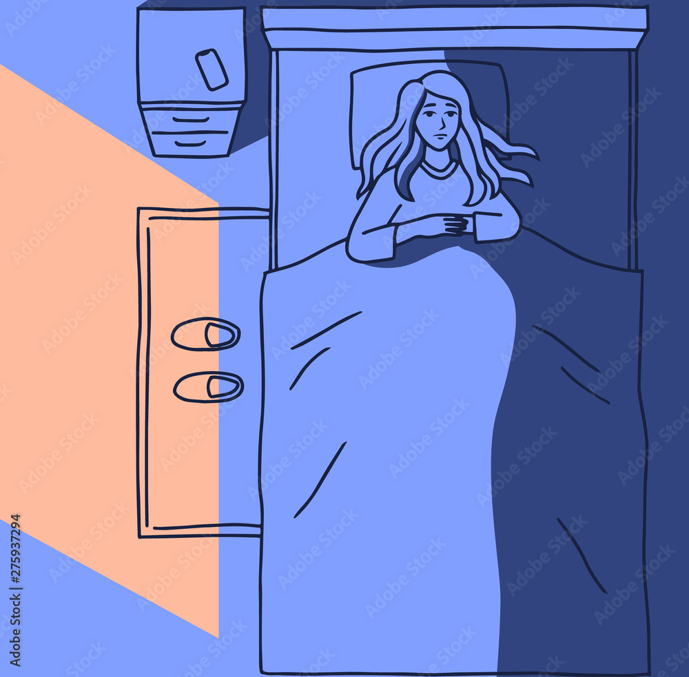 Sleepless girl suffers from insomnia. Woman in bed with open eyes in  darkness night room. Cartoon style vector illustration Stock Vector | Adobe  Stock