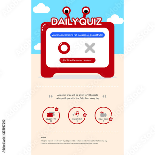 Vector illustration of web mini-game event for Mini game, event popup, completion, mission, game, web template, interface, quiz, ox quiz, beach, crab, television, monitor, screen, sky, cloud, music, n