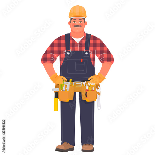 Handyman or builder. A man in a construction helmet and work clothes with tools. Repairer