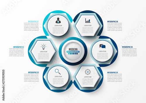 Vector infographic template with 3D paper label, integrated circles. Business concept with 6 options. For content, diagram, flowchart, steps, parts, timeline infographics, workflow, chart.