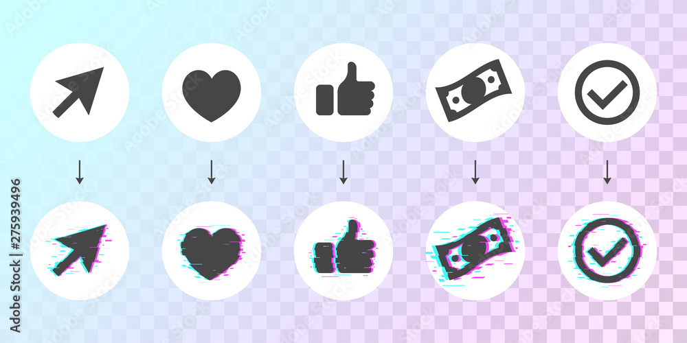 Icon Set with Glitched Hovers. Template for Actions.