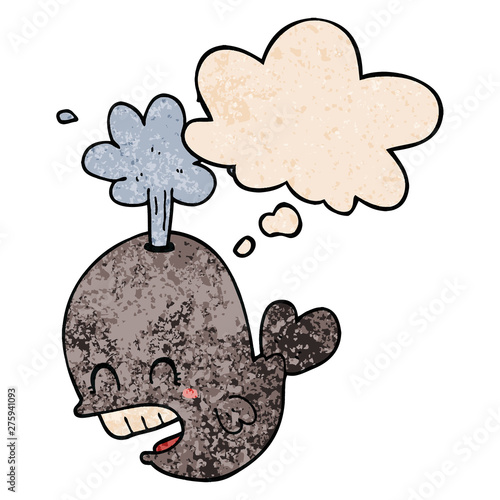 cartoon spouting whale and thought bubble in grunge texture pattern style