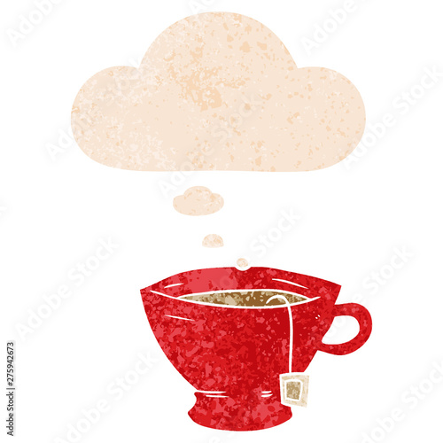 cartoon cup of tea and thought bubble in retro textured style