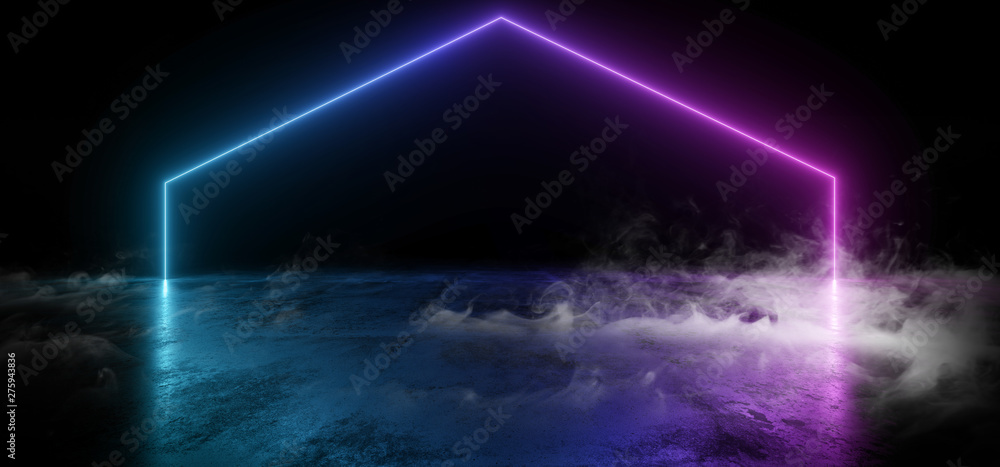 Smoke Virtual Neon Laser Glowing Purple Blue Gradient Vibrant Show Night Dark Empty Grunge Concrete Shaped Lights Bright Reflection Glossy Alien Spaceship Underground Garage Tunnel 3D Rendering