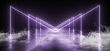 Smoke Virtual Neon Laser Glowing Purple Vibrant Show Night Dark Empty Grunge Concrete Shaped Lights Bright Reflection Glossy Alien Spaceship Underground Garage Tunnel 3D Rendering