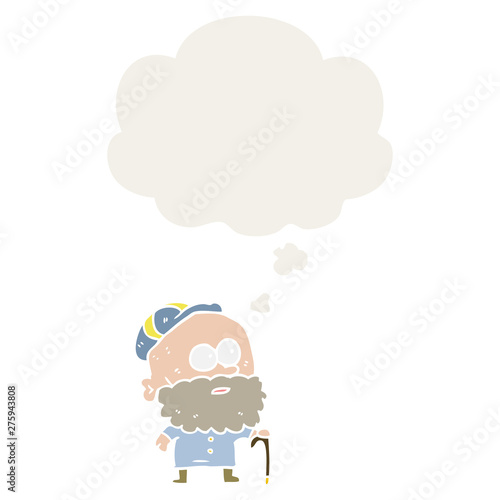 cartoon old man with walking stick and thought bubble in retro style © lineartestpilot