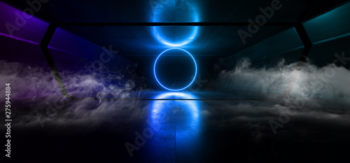 Fototapeta Naklejka Na Ścianę i Meble -  Smoke Neon Lights Futuristic Sci Fi Vibrant Blue Dark Background Graphic Corridor Tunnel Spaceship Alien Garage Underground Circle Shaped Lasers Glowing Grunge Concrete 3D Rendering