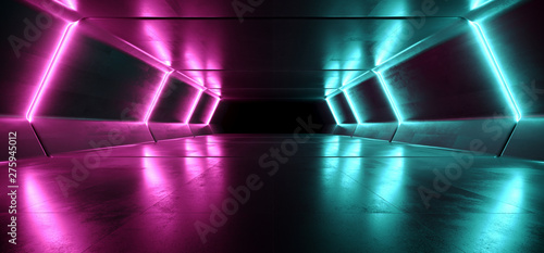 Fototapeta Naklejka Na Ścianę i Meble -  Neon Lights Futuristic Sci Fi Vibrant Purple Blue Dark Background Graphic Corridor Tunnel Spaceship Alien Garage Underground Shaped Lasers Glowing Grunge Concrete 3D Rendering