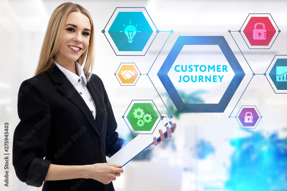 The concept of business, technology, the Internet and the network. A young entrepreneur working on a virtual screen of the future and sees the inscription: Customer journey The concept of business, technology, the Internet and the network. A young entrepreneur working on a virtual screen of the future and sees the inscription: Customer journey
