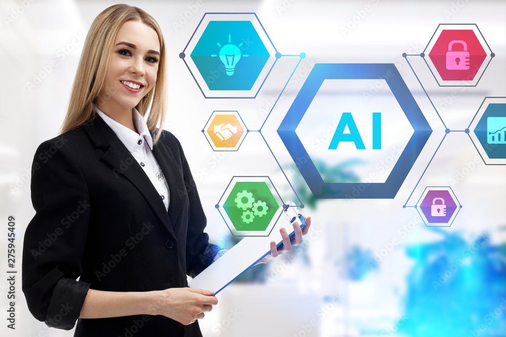 The concept of business, technology, the Internet and the network. A young entrepreneur working on a virtual screen of the future and sees the inscription: AI The concept of business, technology, the Internet and the network. A young entrepreneur working on a virtual screen of the future and sees the inscription: AI