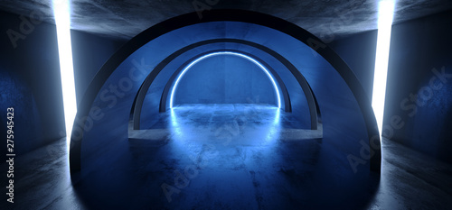 Neon Lights Blue Glowing Circle Arch Sci Fi Futuristic Virtual Grunge Concrete Reflective Dark Empty Corridor Tunnel Spaceship Stage Garage Hallway 3D Rendering