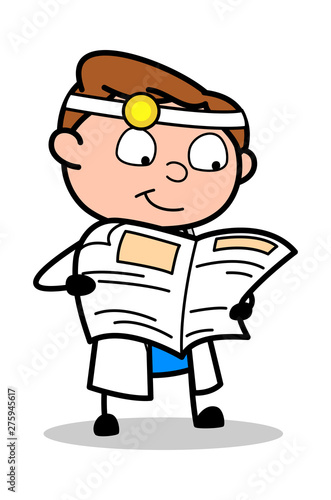Reading News Paper - Professional Cartoon Doctor Vector Illustration