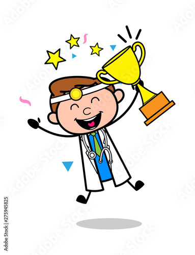 Excited Winner Holding a Trophy - Professional Cartoon Doctor Vector Illustration
