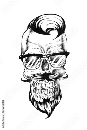 Hand drawn human hipster skull in glasses, beard and mustaches in vintage retro engraving style