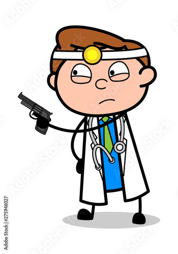 Showing Gun - Professional Cartoon Doctor Vector Illustration