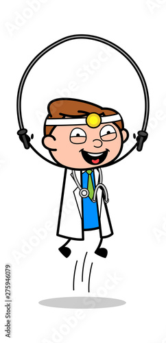 Playing Skipping Rope - Professional Cartoon Doctor Vector Illustration