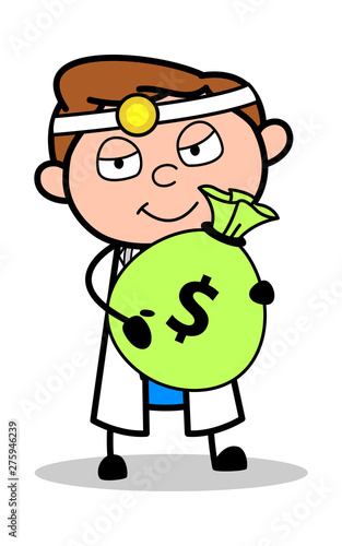 Holding a Parcel of Money - Professional Cartoon Doctor Vector Illustration