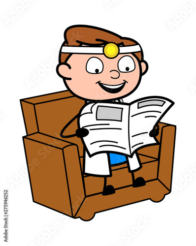 Reading Newspaper - Professional Cartoon Doctor Vector Illustration